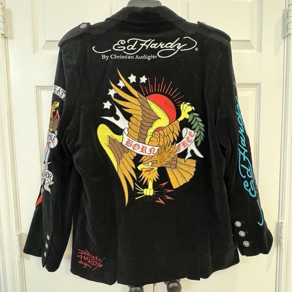 Ed Hardy Christian Audigier Suit Jacket Blazer Black Velvet Embroidered XL - Picture 1 of 7